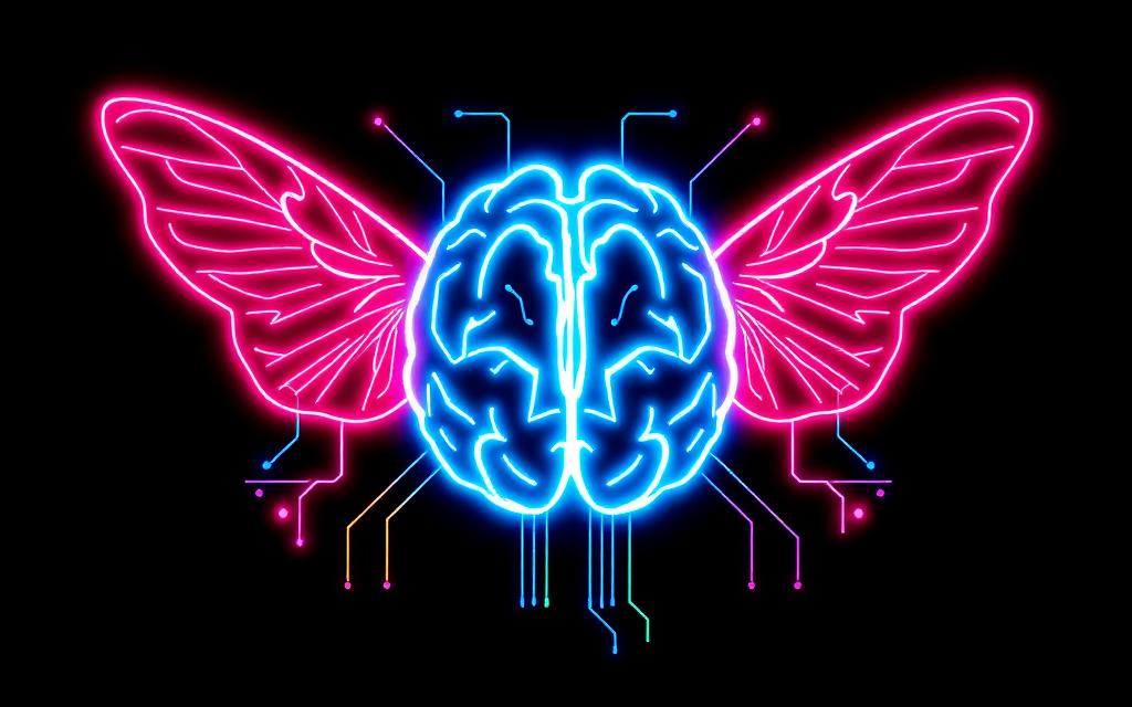 Neon brain with butterfly wings illustration